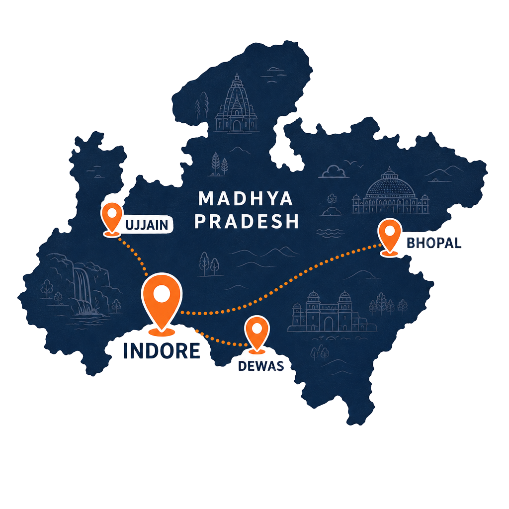 Coverage map of Indore, Ujjain, Dewas and Bhopal served by PRS Indore Cab Service